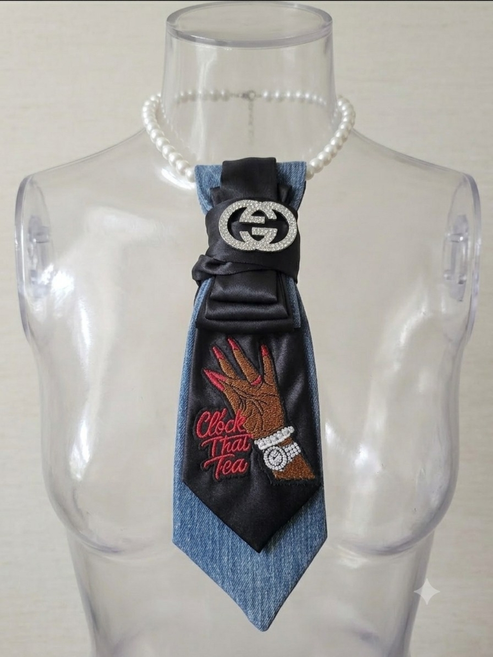 Black & Denim Embroidered Silk Tie Necklace